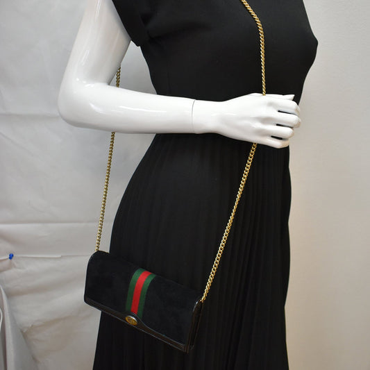 GUCCI Ophidia Suede Patent Web Leather Wallet On Chain Crossbody Bag Black 546592