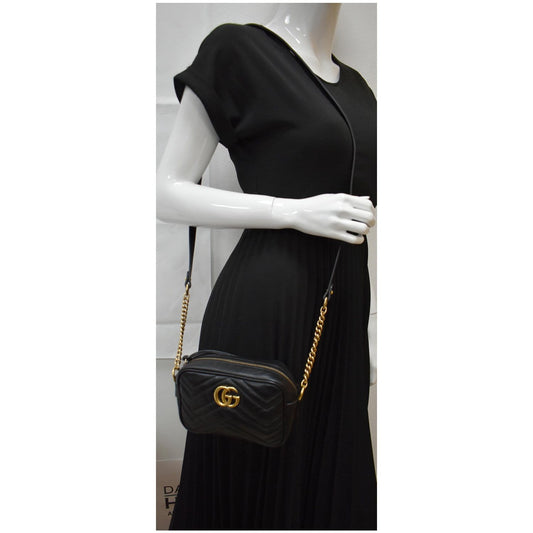 GUCCI GG Marmont Matelasse Mini Leather Crossbody Bag Black 448065