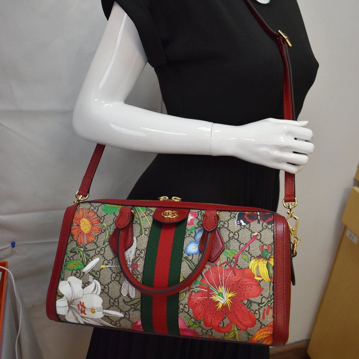 GUCCI Ophidia Flora Web GG Supreme Canvas Top Handle Shoulder Bag Red 524532