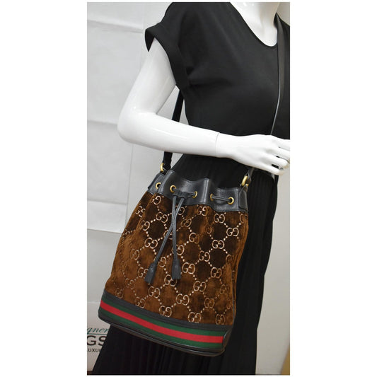GUCCI GG Monogram Web Velvet Bucket Bag Brown 574960