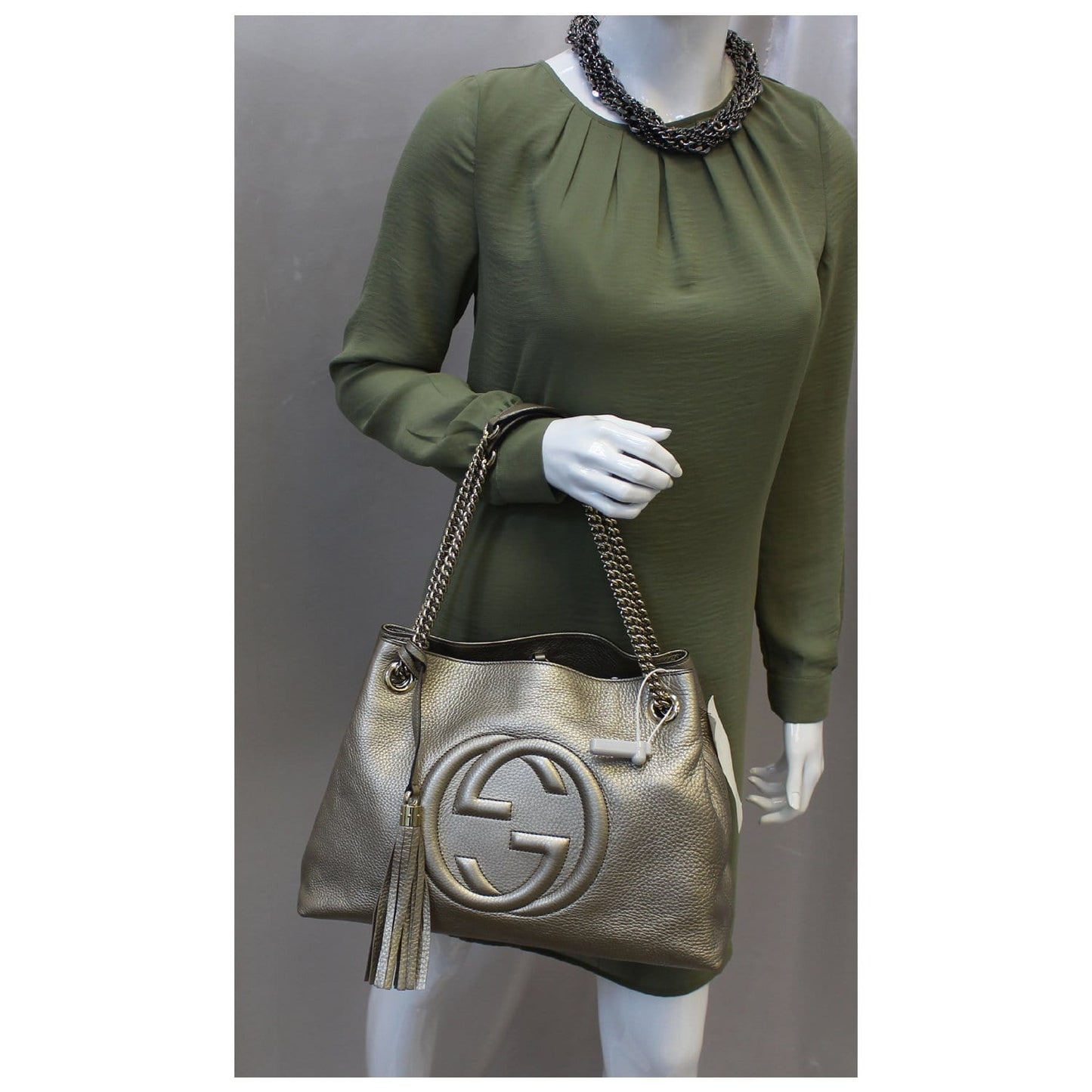 GUCCI Soho Pebbled Leather Chain Shoulder Bag 308982 Silver