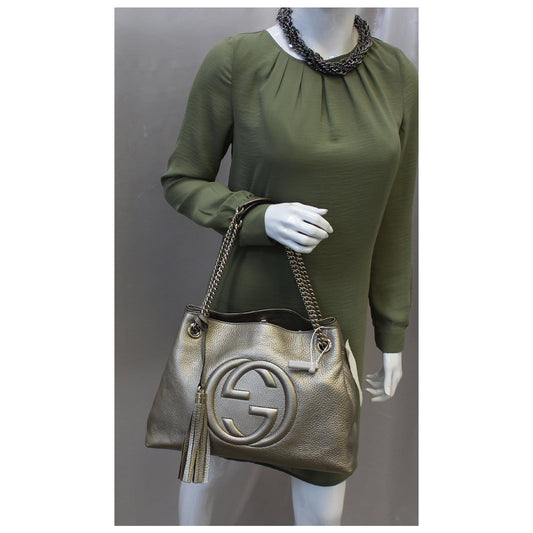 GUCCI Soho Pebbled Leather Chain Shoulder Bag 308982 Silver