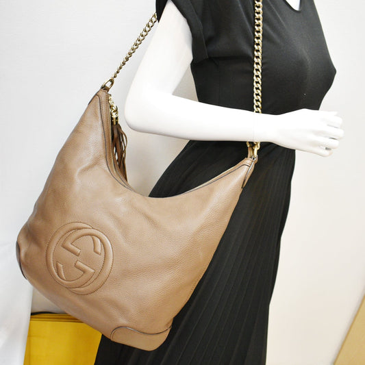 GUCCI Soho Pebbled Calfskin Leather Chain Shoulder Bag Maple Brown 308981