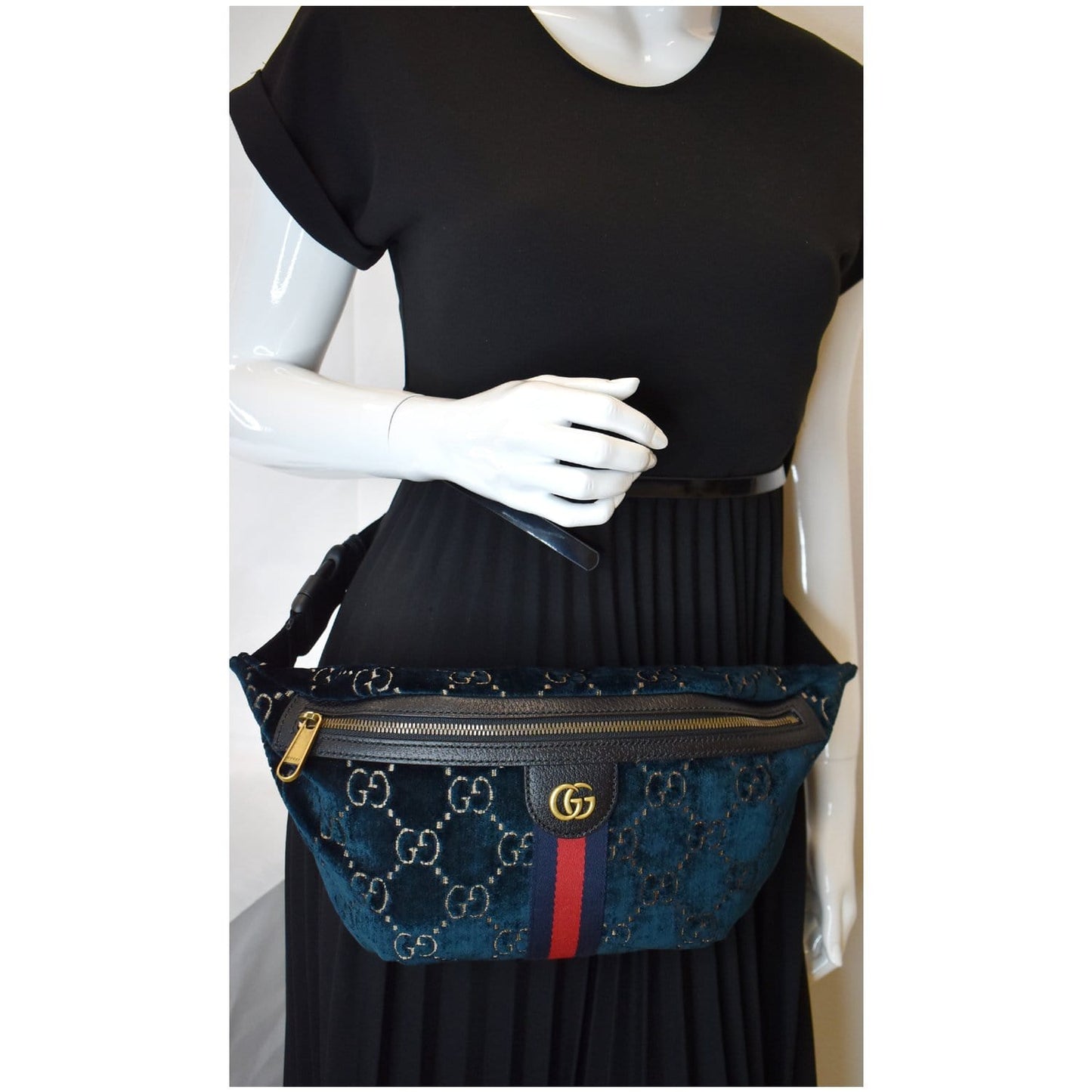 GUCCI GG Monogram Velvet Belt Leather Bumbag Dark Blue 574968