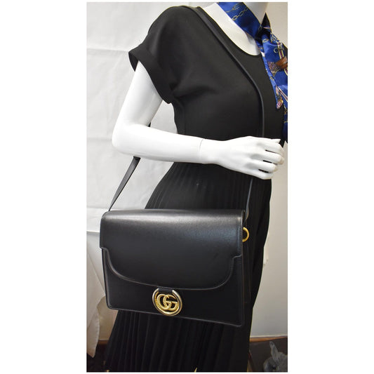 GUCCI Logo Plaque Leather Shoulder Bag Black 589471