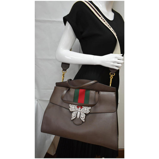 GUCCI Butterfly Linea Totem Leather Large Top Handle Shoulder Bag Brown 500772