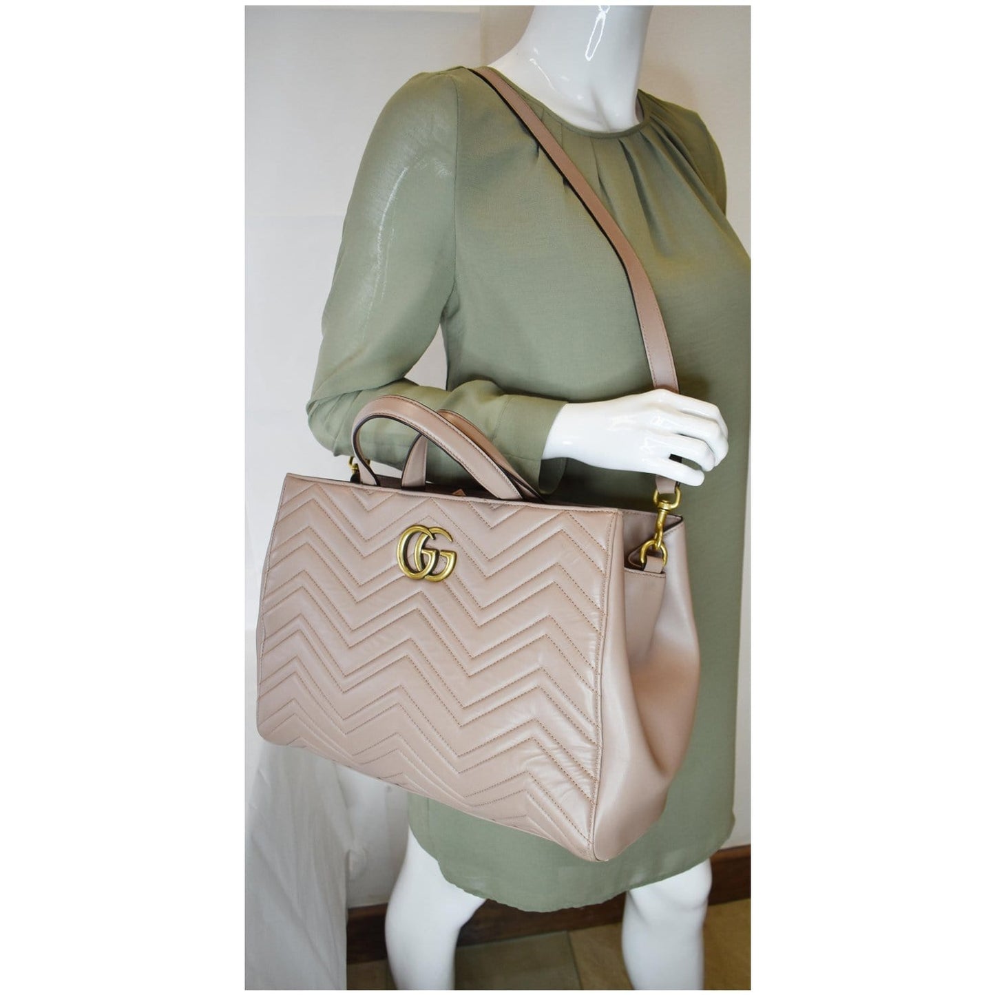 GUCCI GG Marmont Medium Matelasse Leather Top Handle Bag Taupe 443505