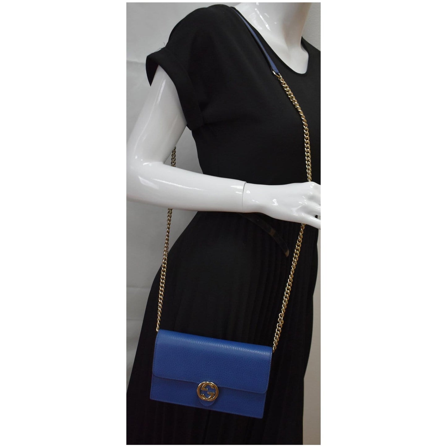GUCCI Dollar Interlocking G Calfskin Leather Chain Wallet Crossbody Bag Blue 510314
