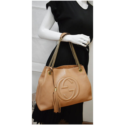 GUCCI Soho Pebbled Leather Chain Shoulder Bag 308982 Beige