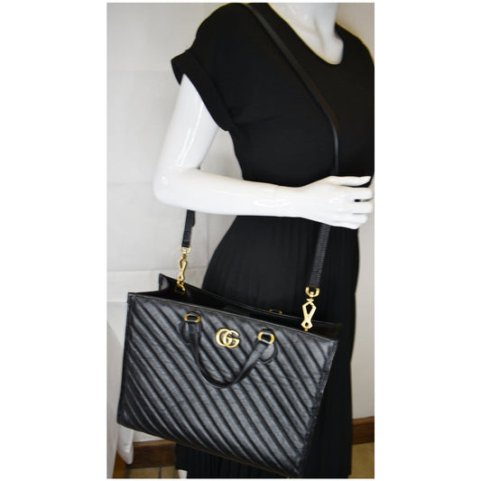 GUCCI GG Marmont Medium Matelasse Leather Tote Bag Black 627332