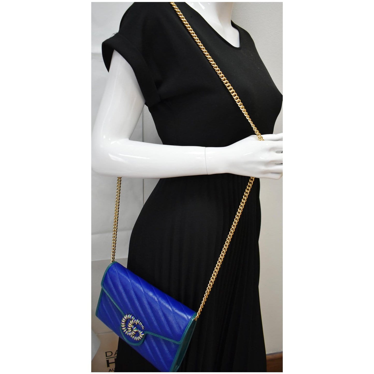 GUCCI GG Marmont Mini Matelasse Leather Chain Crossbody Bag Blue 573807