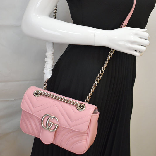 GUCCI GG Marmont Mini Matelass� Leather Shoulder Crossbody Bag Pastel Pink 446744