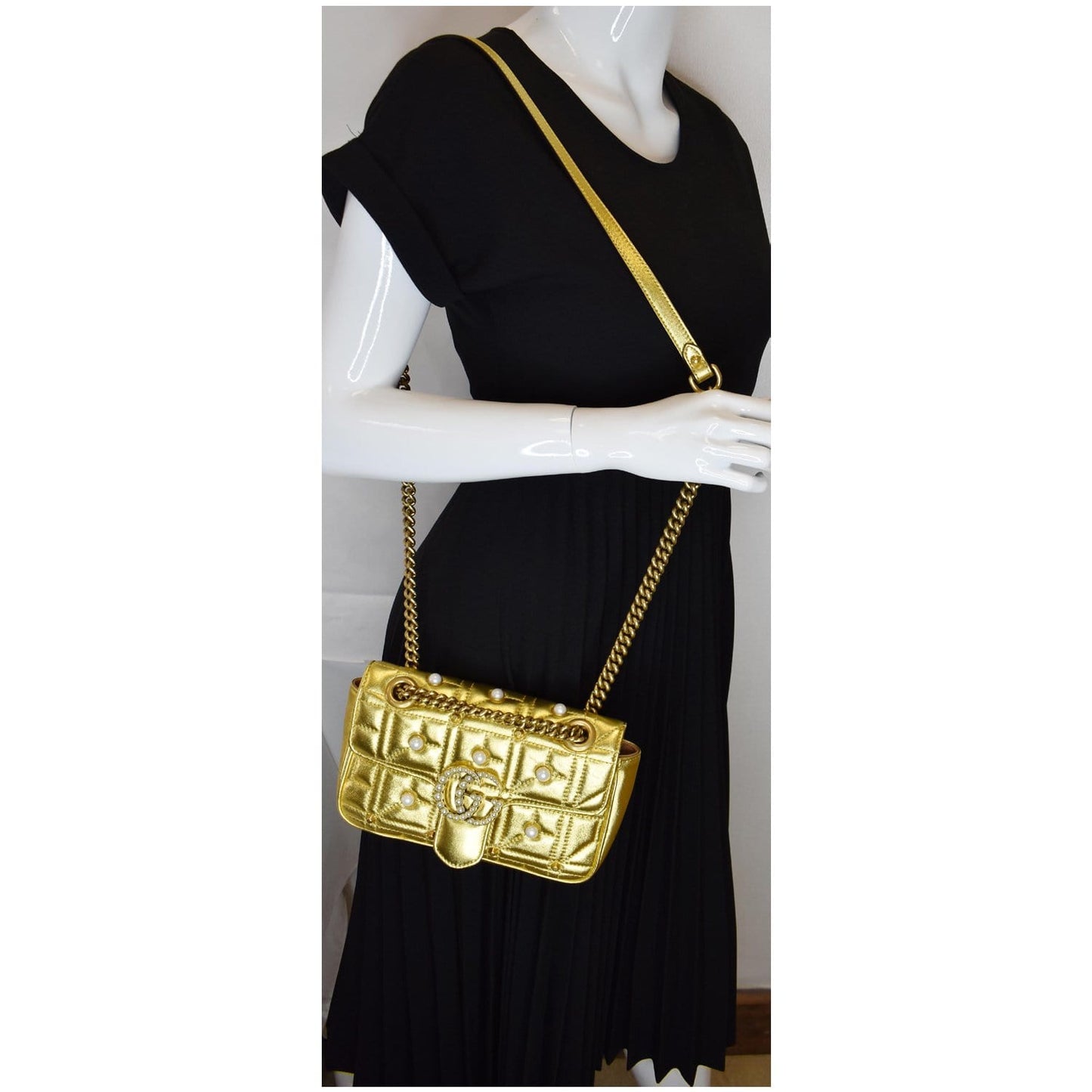 GUCCI GG Marmont Mini Pearl Studded Leather Shoulder Bag Gold 446744