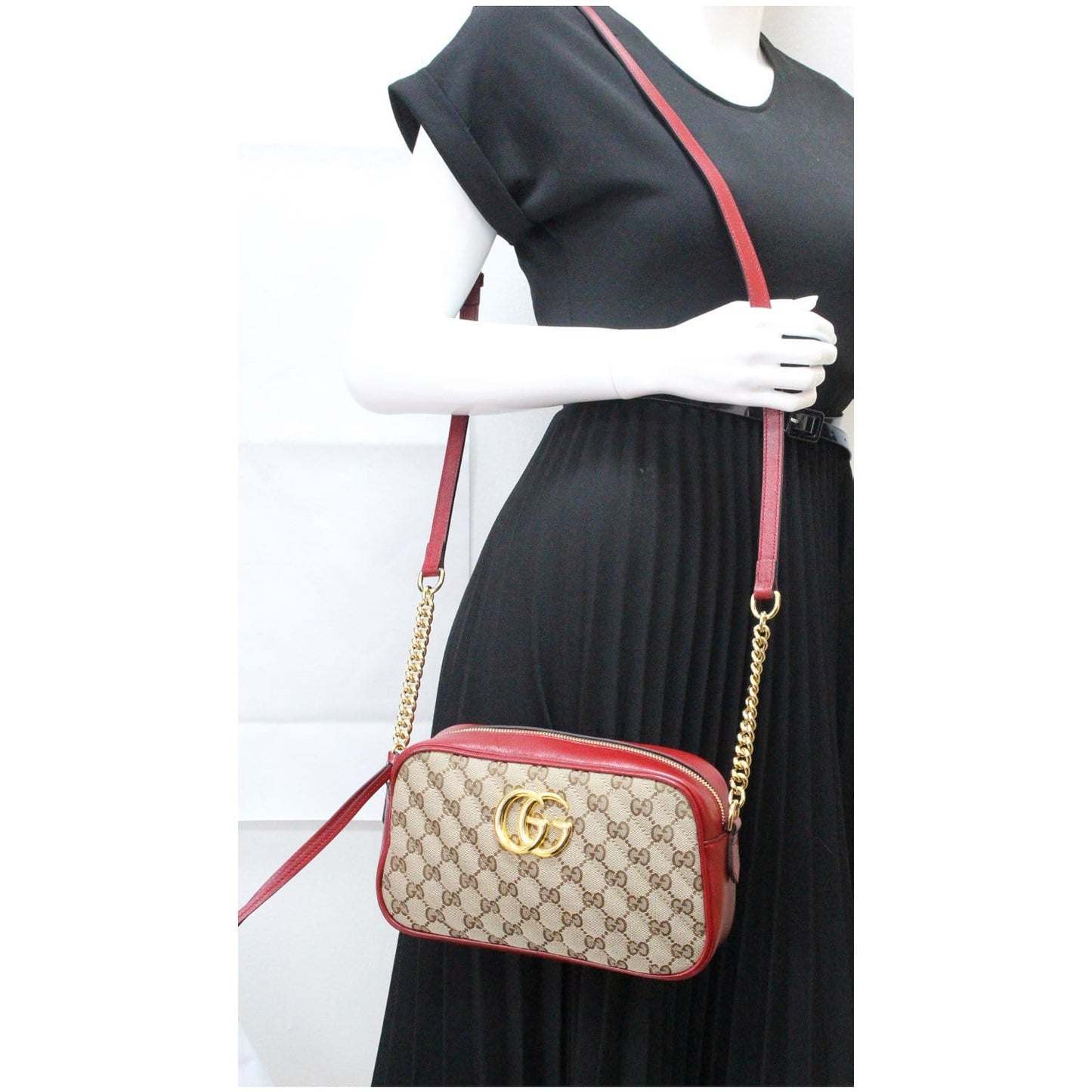 GUCCI GG Marmont Small Matelasse Canvas Leather Crossbody Bag Beige 447632