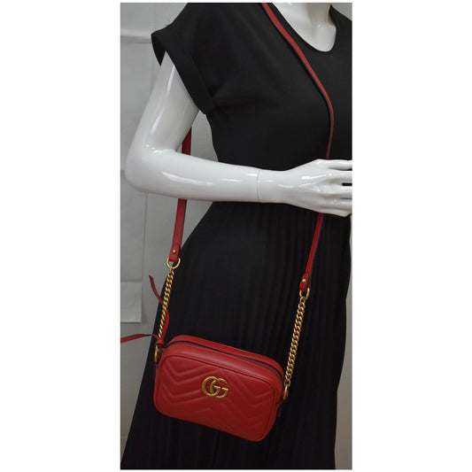 GUCCI GG Marmont Matelasse Mini Leather Crossbody Bag Red
