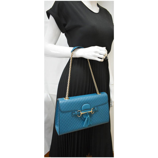 GUCCI Emily Medium GG Guccissima Leather Chain Shoulder Bag Teal