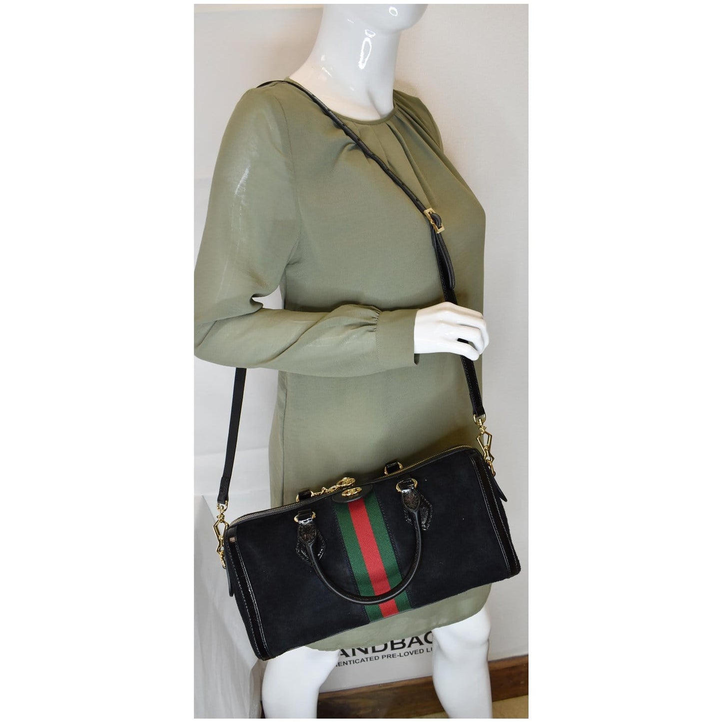 GUCCI Ophidia GG Suede Web Top Handle Shoulder Bag Black 524532