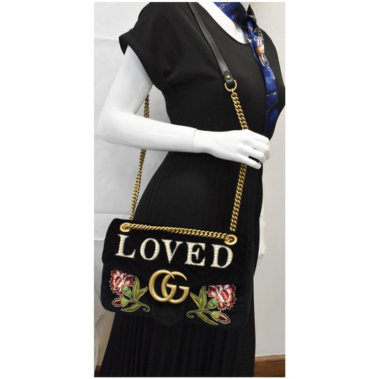 GUCCI Blind For Love Marmont Embroidered Velvet Shoulder Bag Black 443496