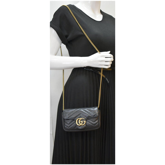 GUCCI GG Marmont Matelasse Leather Super Mini Crossbody Bag Black
