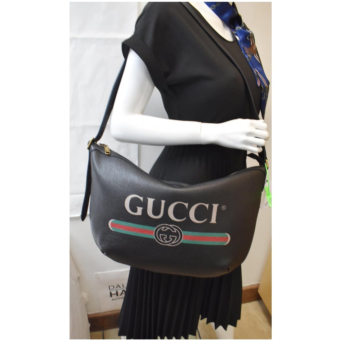 GUCCI Half Moon Logo Calfskin Leather Hobo Shoulder Bag Black 523588