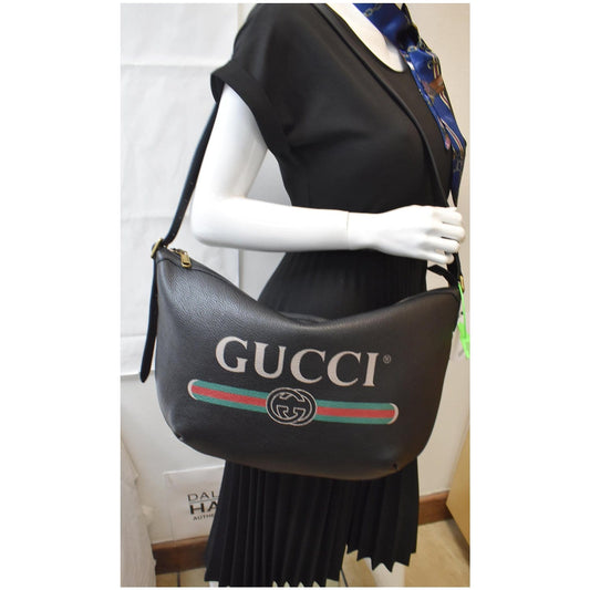 GUCCI Half Moon Logo Calfskin Leather Hobo Shoulder Bag Black 523588