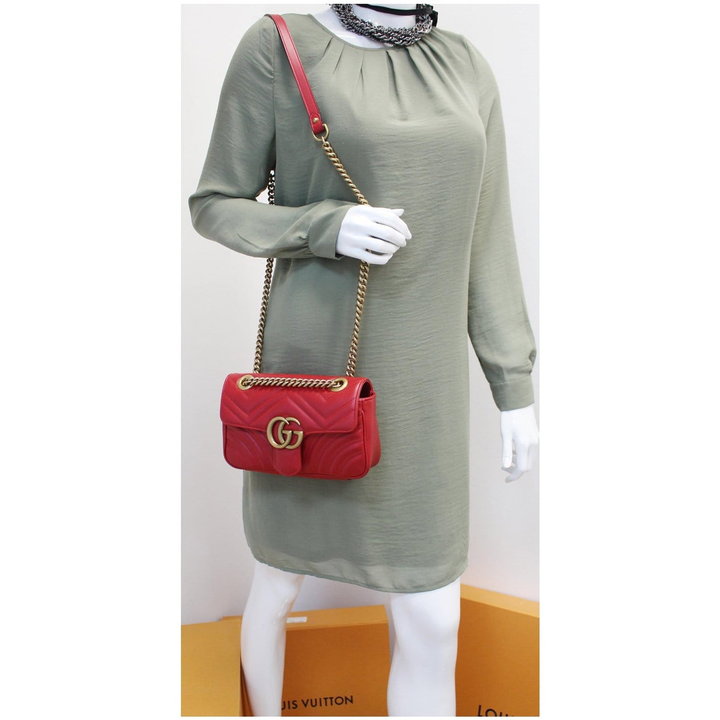 GUCCI GG Marmont Mini Leather Shoulder Crossbody Bag Red 446744