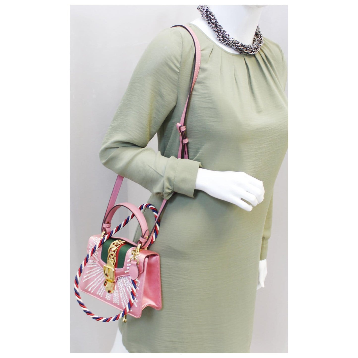 GUCCI Mini Sylvie Satin Crystal Shoulder Bag Peony