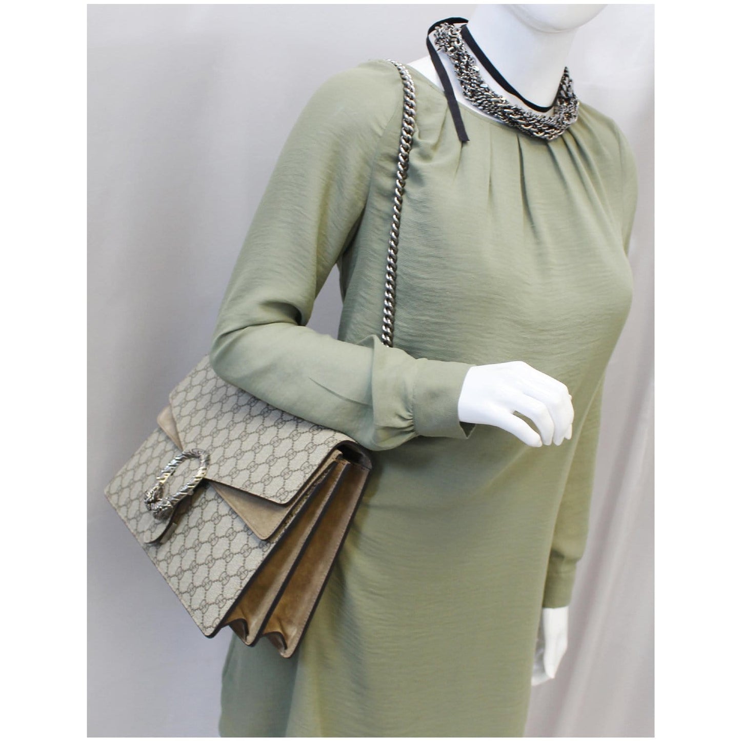 GUCCI Dionysus Medium GG Supreme Monogram Shoulder Bag Taupe