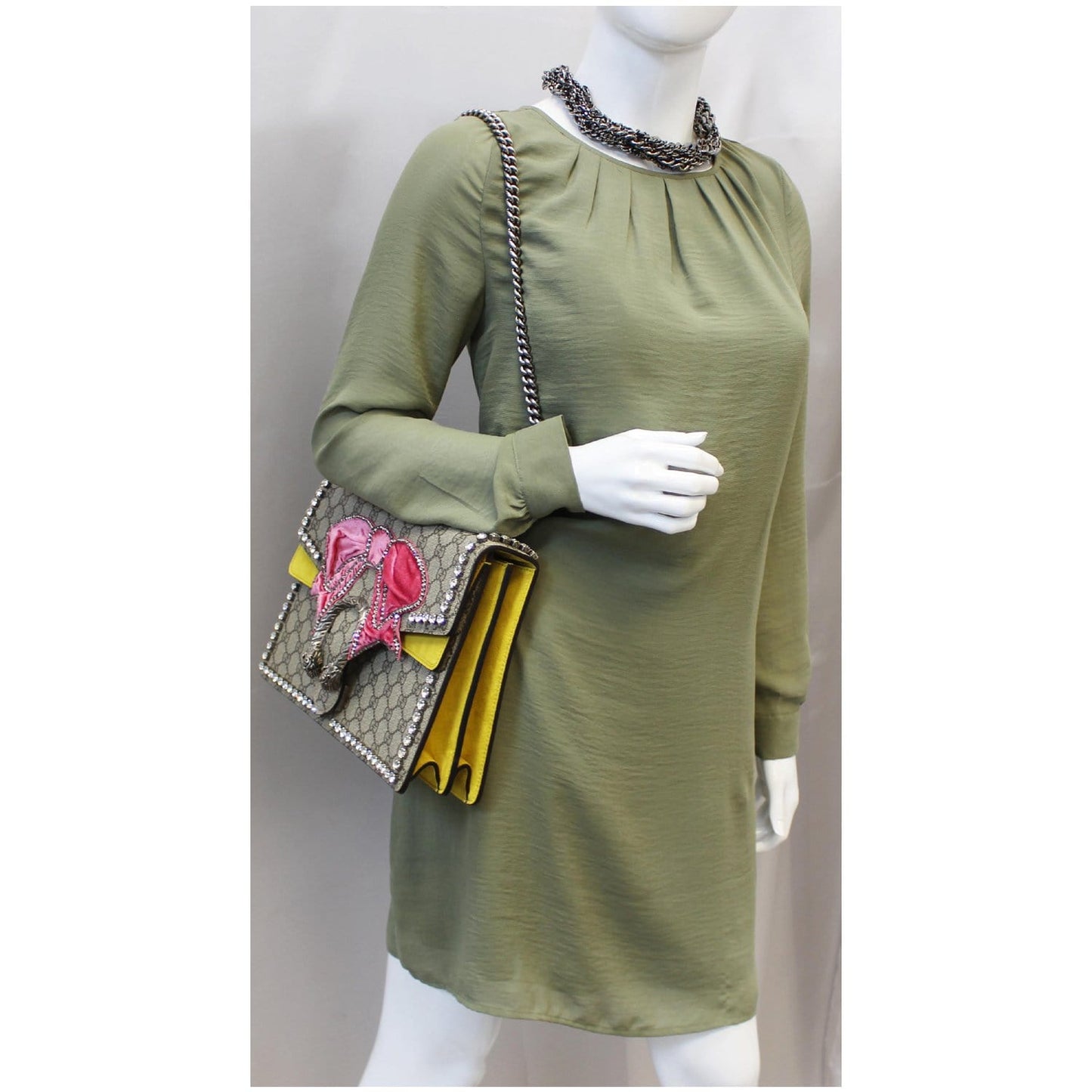 GUCCI Dionysus Medium GG Supreme Embroidered Crystal Bow Shoulder Bag Beige