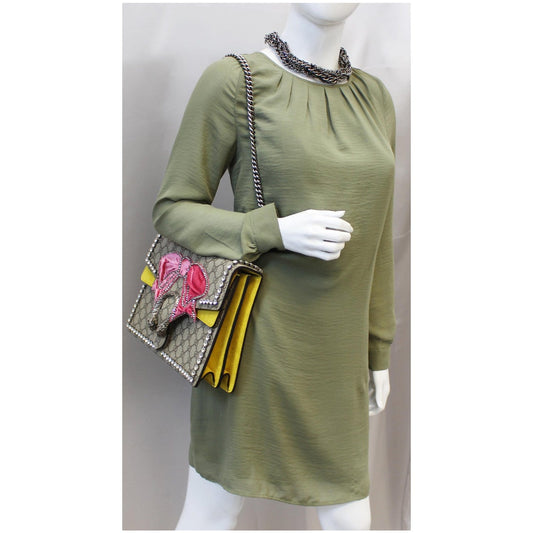 GUCCI Dionysus Medium GG Supreme Embroidered Crystal Bow Shoulder Bag Beige