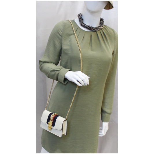 GUCCI Super Mini Sylvie Calfskin Leather Chain Crossbody Bag White