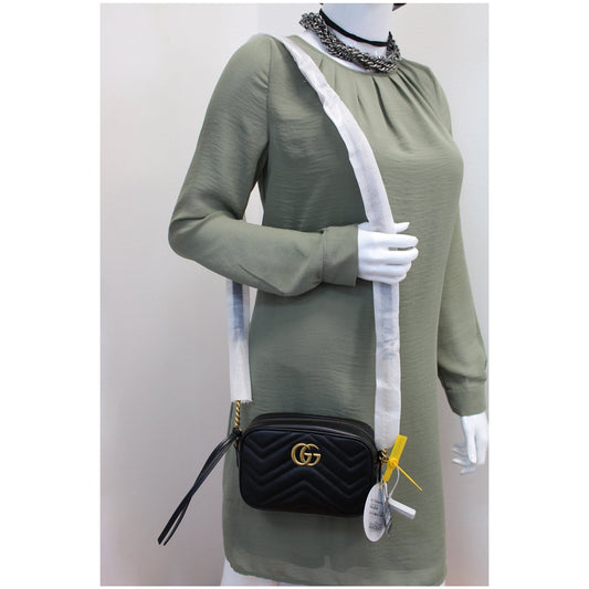 GUCCI GG Marmont Matelasse Mini Leather Crossbody Bag Black 448065