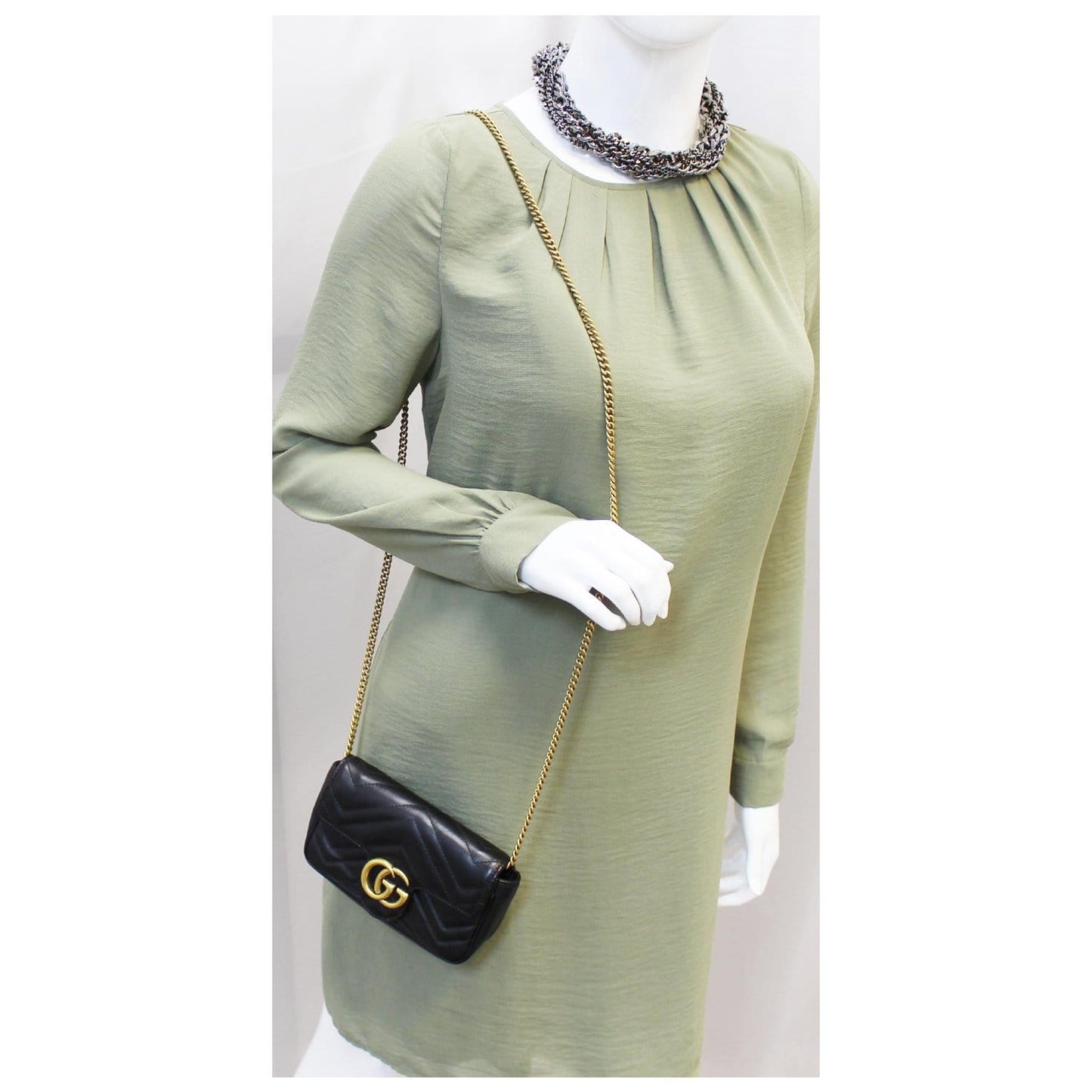 GUCCI GG Marmont Matelasse Black Leather Super Mini Crossbody Bag