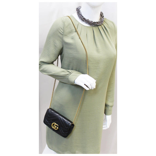 GUCCI GG Marmont Matelasse Black Leather Super Mini Crossbody Bag