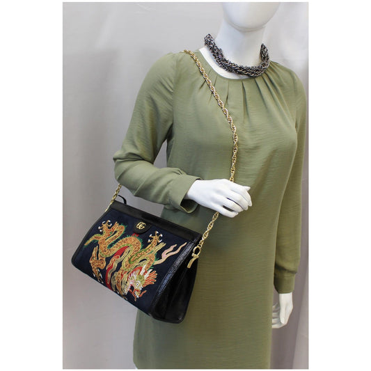GUCCI Ophidia Dragon Embroidered Suede Leather Shoulder Bag Blue
