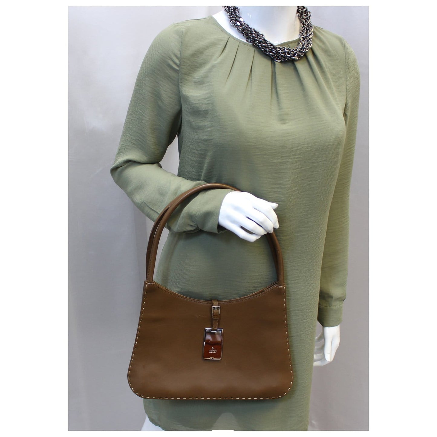 GUCCI Brown Leather Topstitch Shoulder Bag