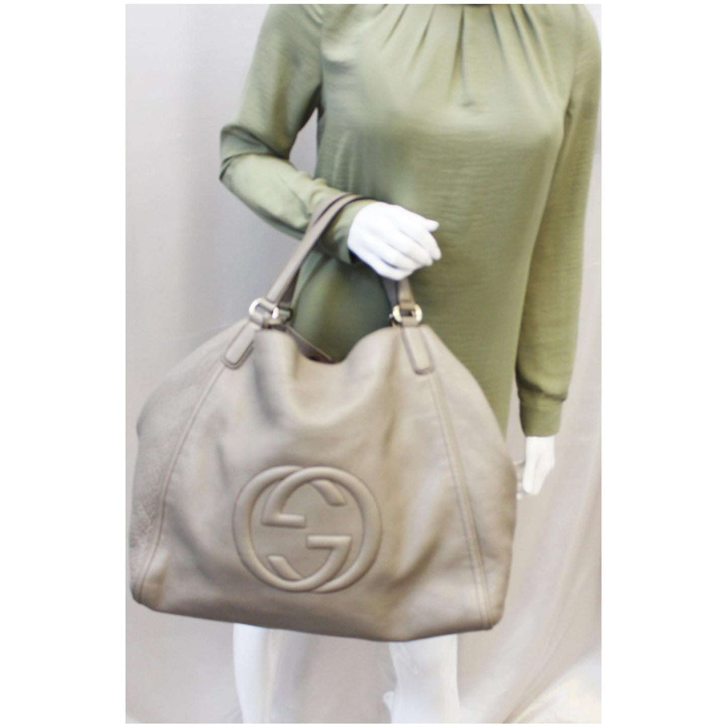 GUCCI Soho Pebbled Leather Large Tote Shoulder Bag Taupe