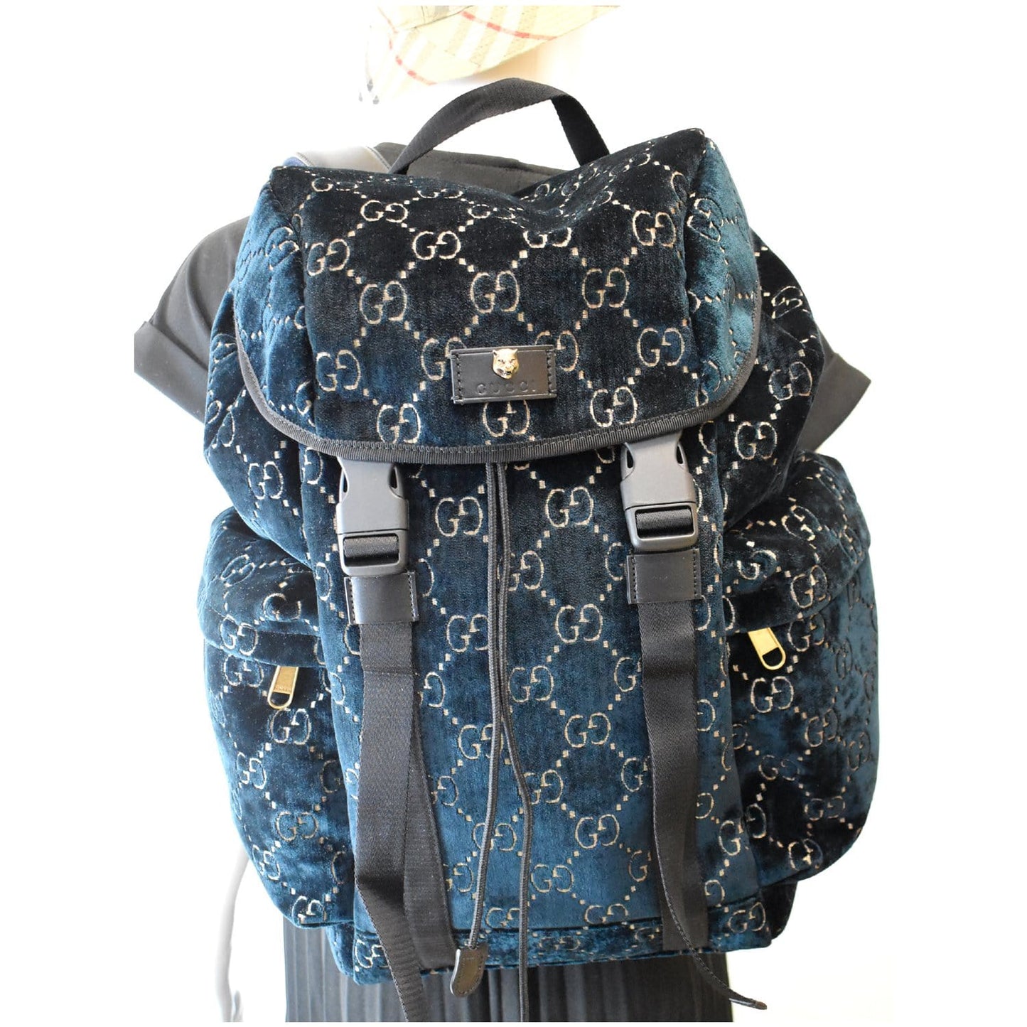 GUCCI Medium GG Monogram Velvet Classic Backpack Dark Blue 574923