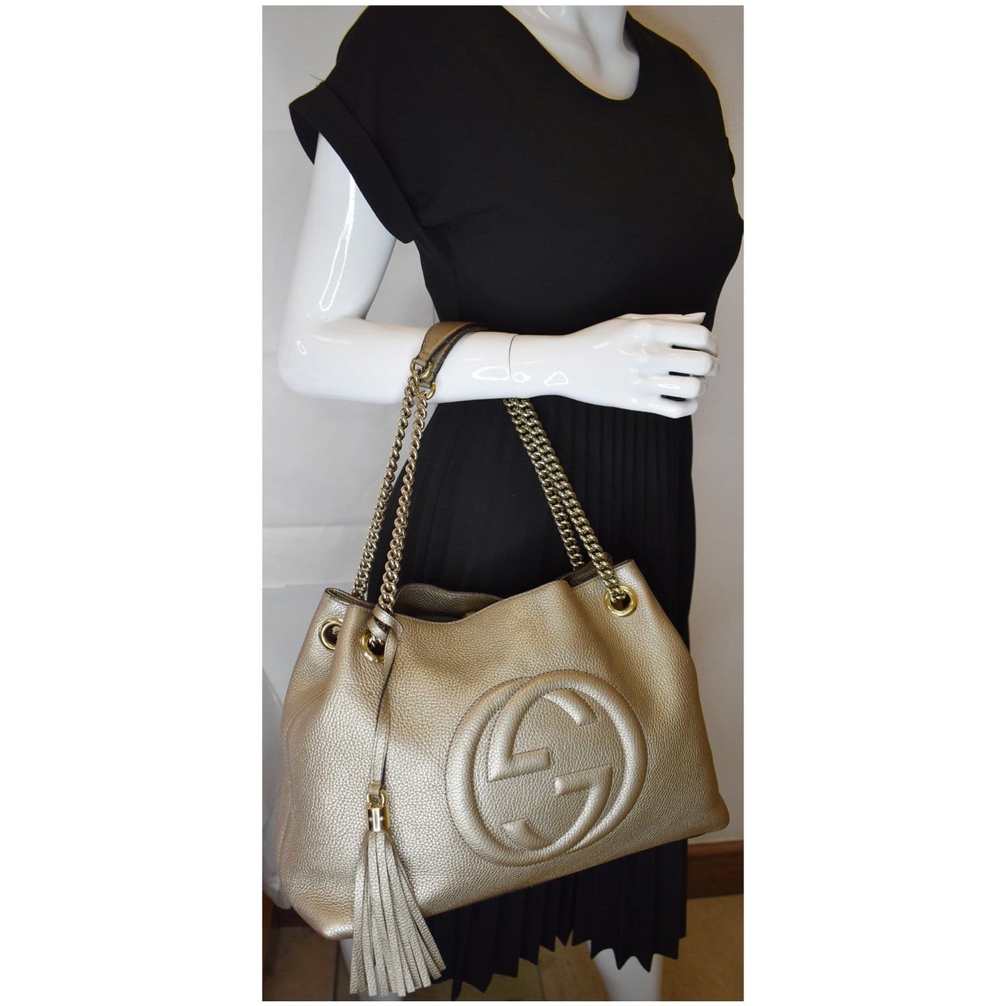 GUCCI Soho Pebbled Leather Chain Shoulder Bag 308982 Beige