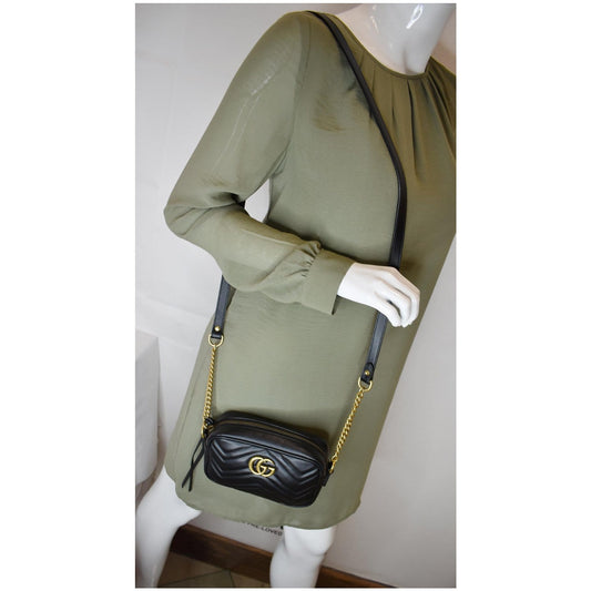 GUCCI GG Marmont Matelasse Mini Leather Crossbody Bag Black 448065