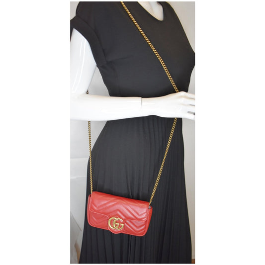 GUCCI GG Marmont Matelasse Leather Super Mini Crossbody Bag Red