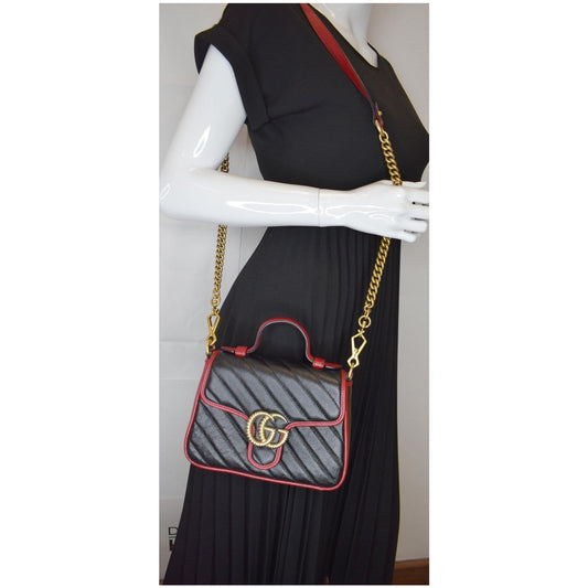 GUCCI GG Marmont Mini Top Handle Shoulder Bag 583571 Black/Cerise