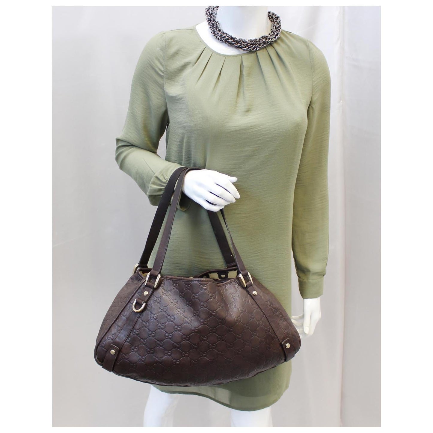 GUCCI Abbey Medium Leather Tote Shoulder Bag Dark Brown