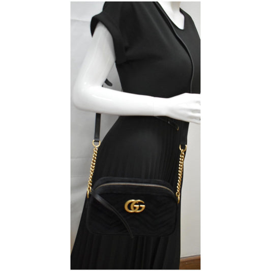 GUCCI  GG Marmont Small Velvet Matelasse Crossbody Bag Black 447632