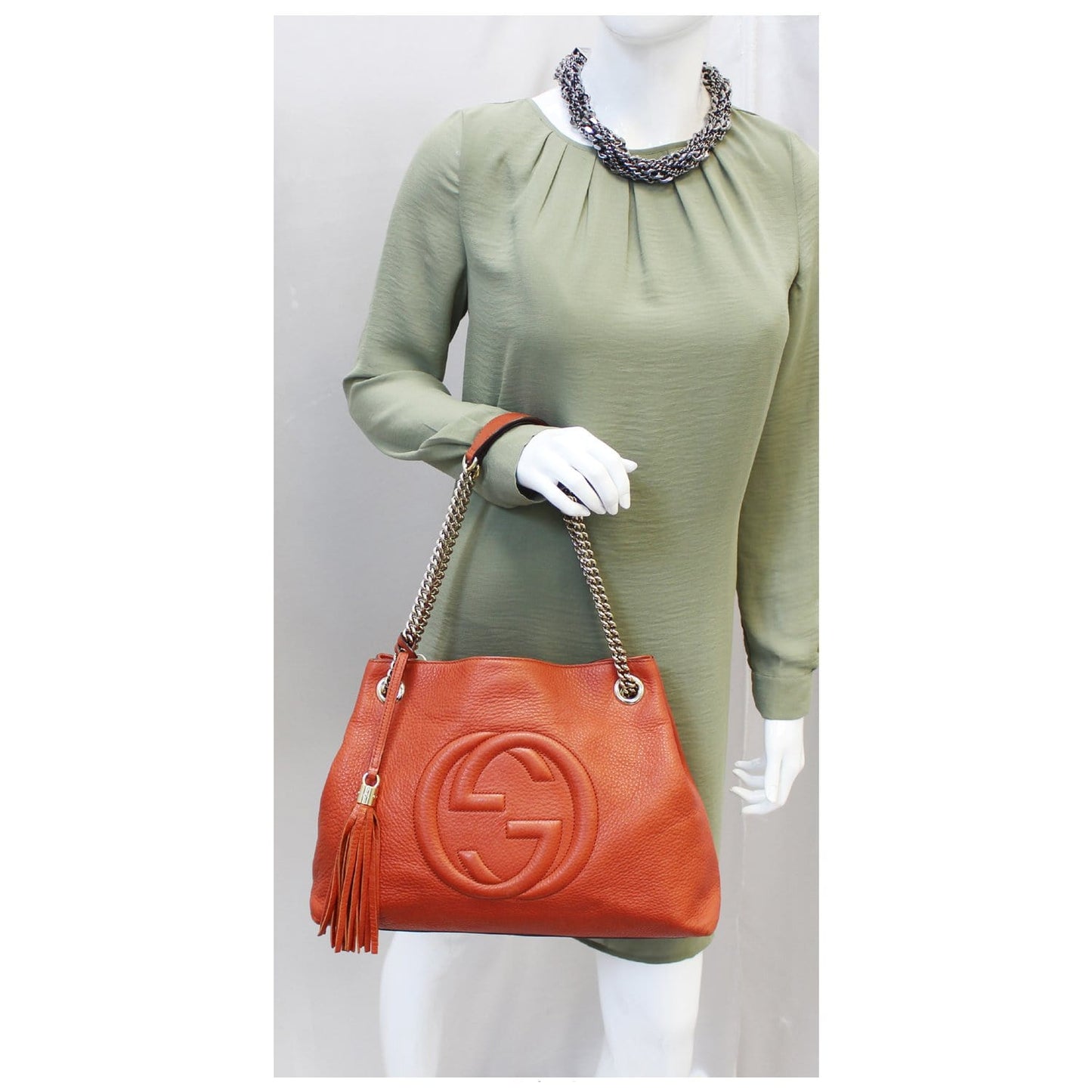 GUCCI Soho Pebbled Leather Chain Shoulder Bag Red 308982