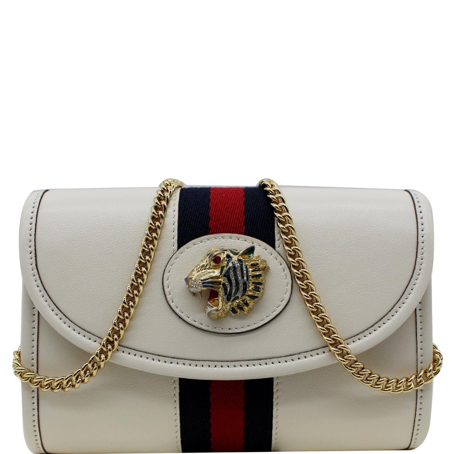 GUCCI Rajah Mini Leather Chain Shoulder Bag White 573797