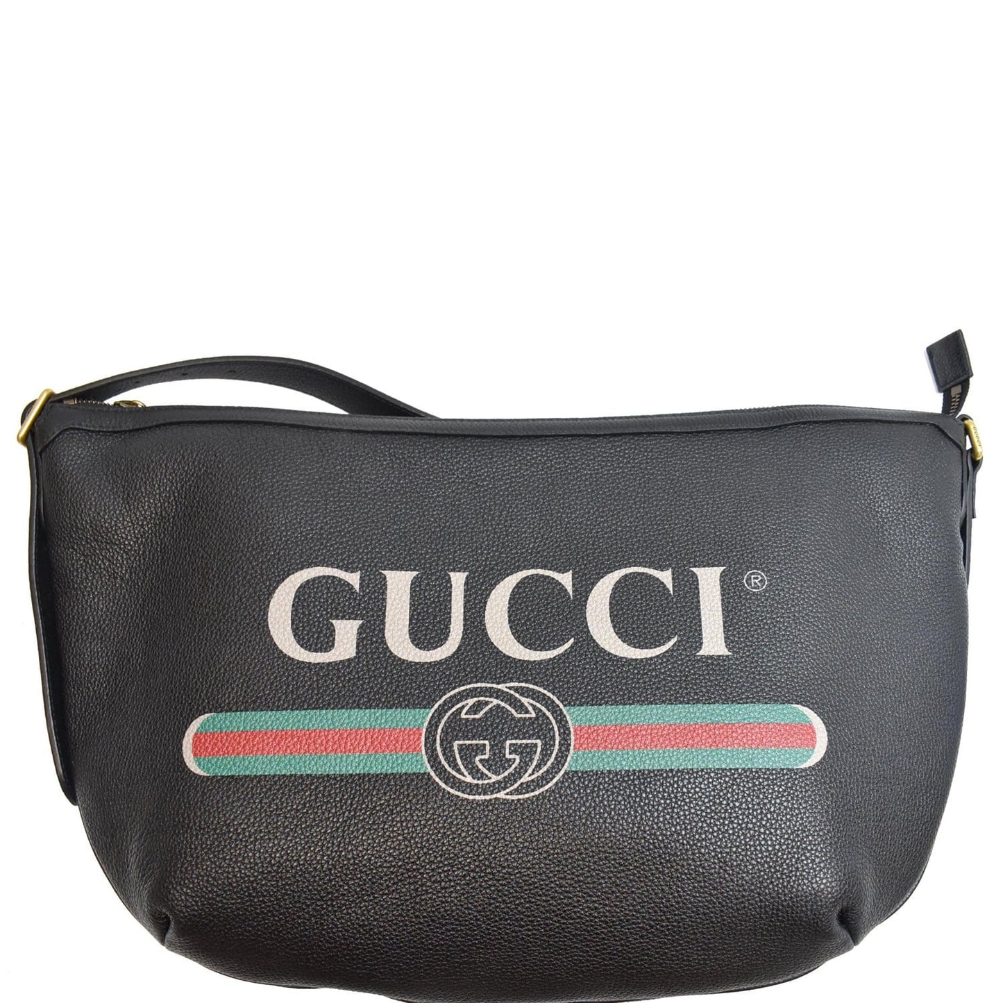 GUCCI Half Moon Logo Calfskin Leather Hobo Shoulder Bag Black 523588