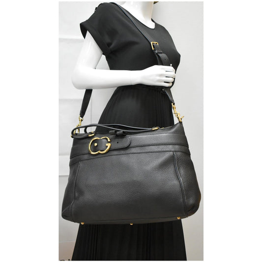 GUCCI Ride Medium Pebbled Leather Top Handle Shoulder Bag Black