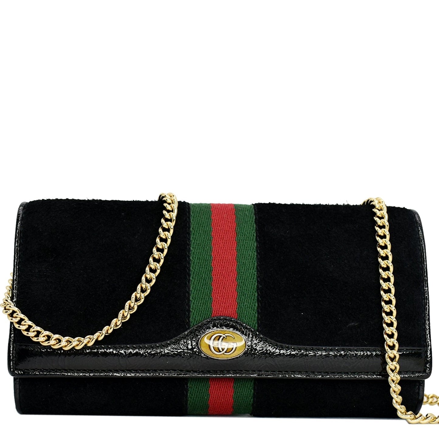 GUCCI Ophidia Suede Patent Web Leather Wallet On Chain Crossbody Bag Black 546592