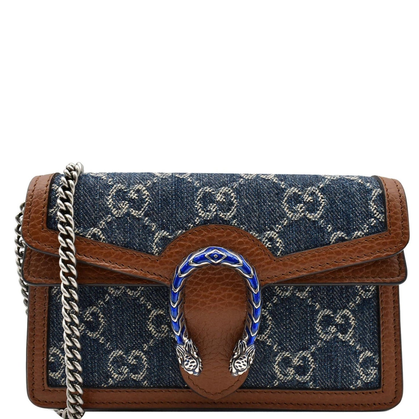 GUCCI Dionysus Super Mini GG Jacquard Denim Chain Shoulder Bag Dark Blue 476432